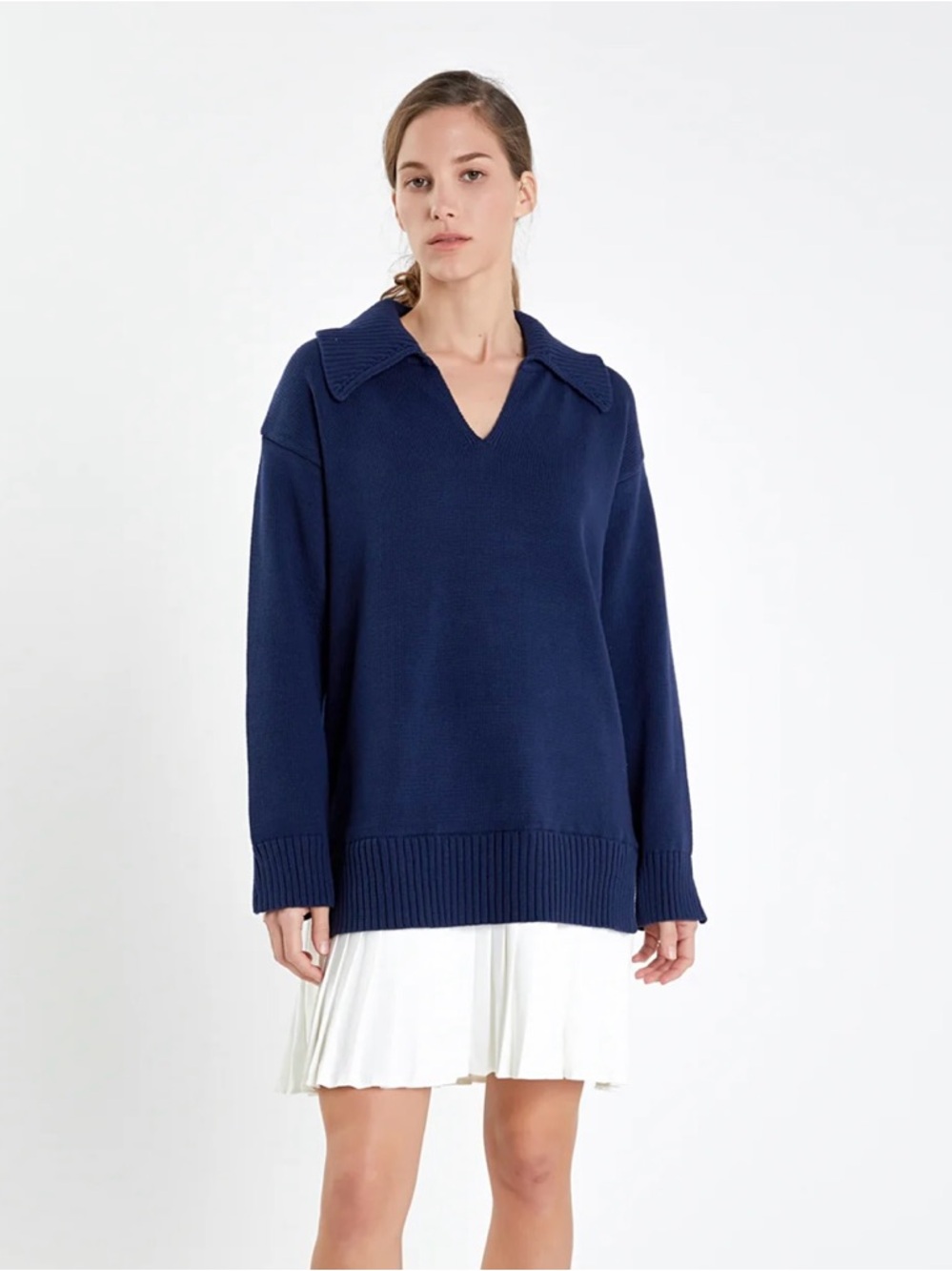 English Factory Navy V-Neck Sweater Dress with Pleated Hem Detail